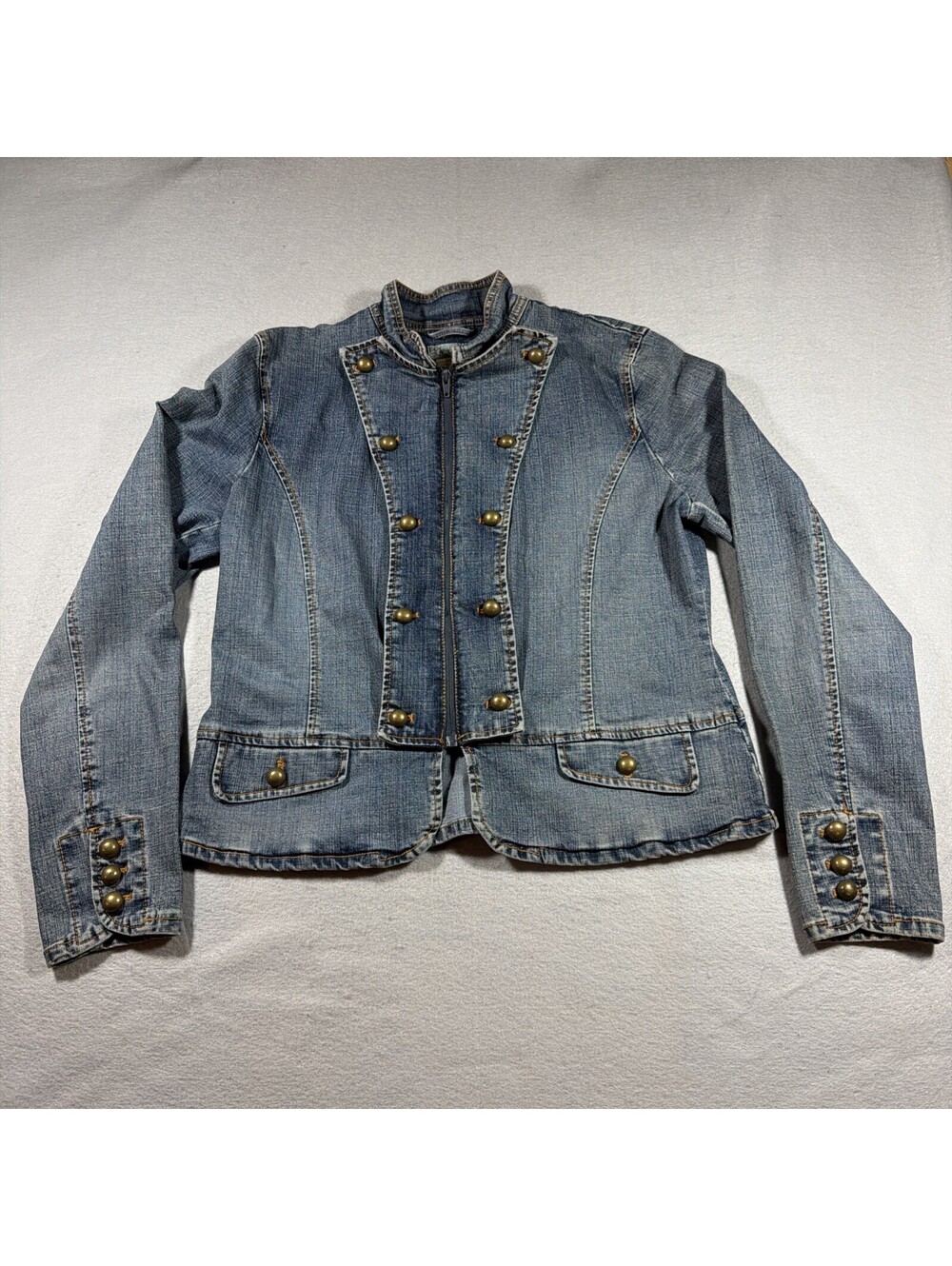 Zena Jeans Military Denim Jacket Large Zip Up Brass Button Band Theme L 0187